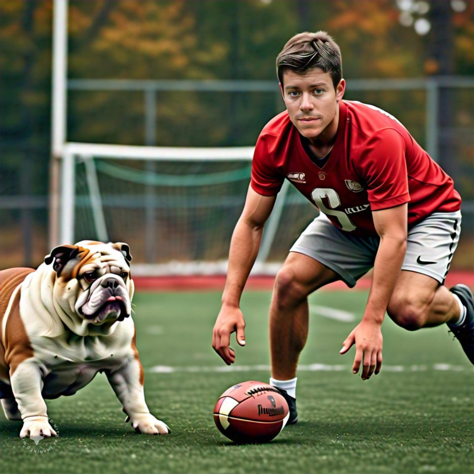 Handsome guy playing football with a dog